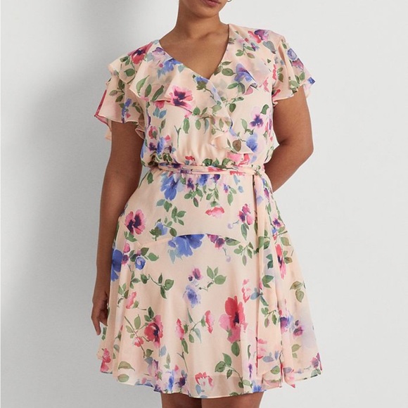 Ralph Lauren Dresses & Skirts - Ralph Lauren Ruffled Floral Fit-&-Flare Surplice Dress Pink Plus Size 22W NWT